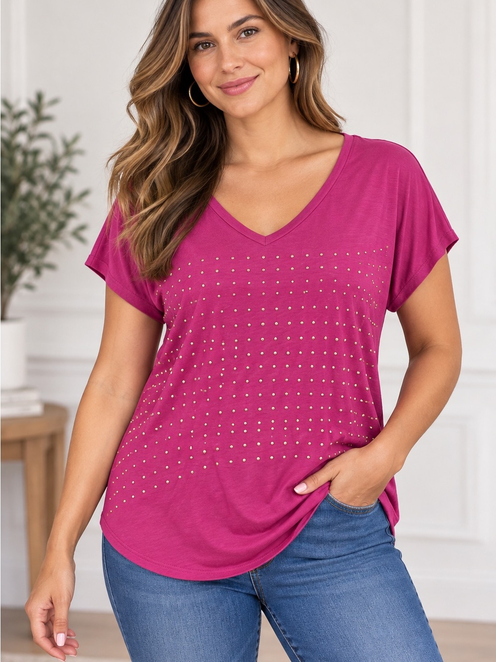 Apt. 9 Fuchsia V-Neck Short Sleeve Studded Tee